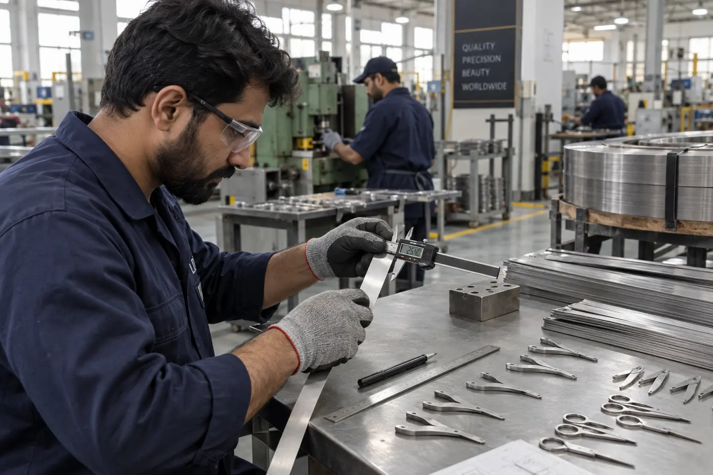 Pakistani technician measuring stainless steel for beauty instrument production