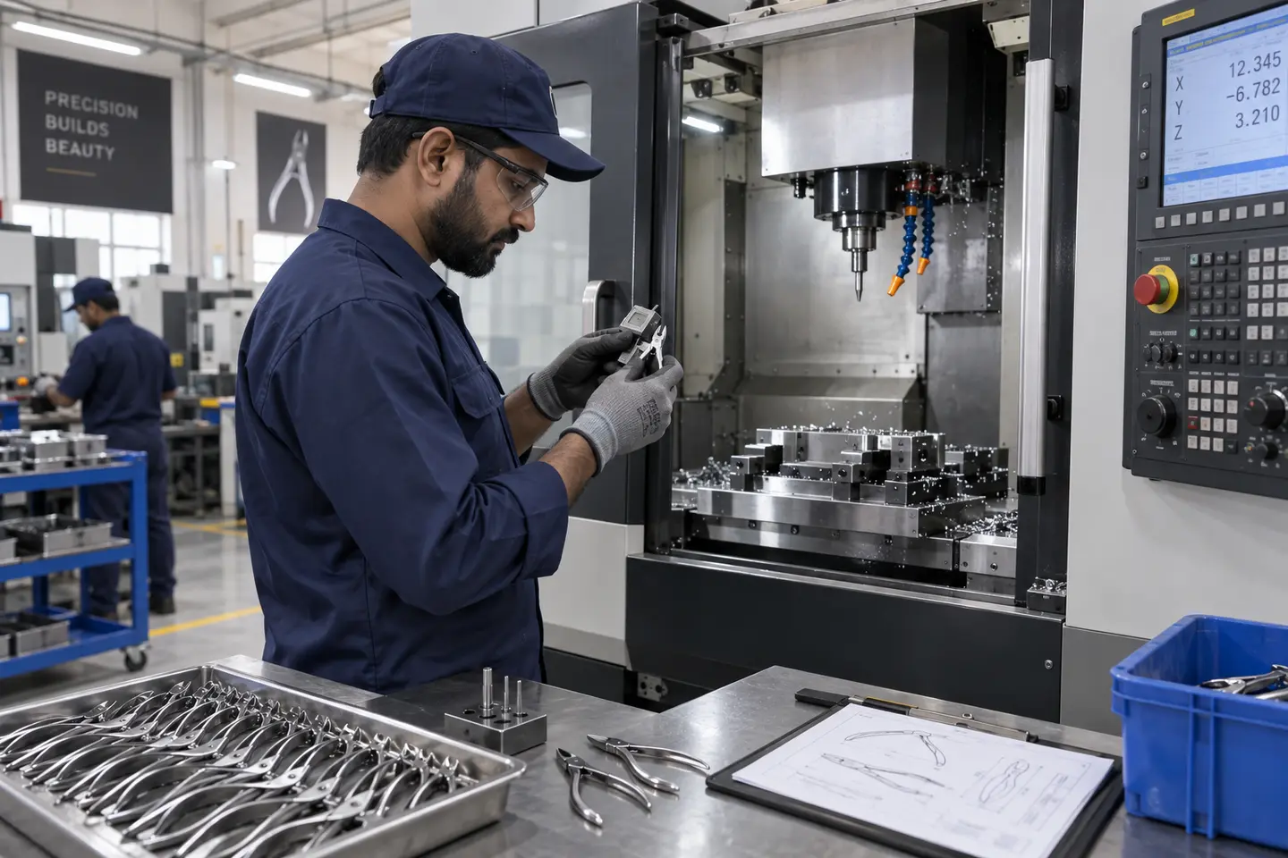 Pakistani machinist inspecting a cuticle nipper component beside a CNC machine