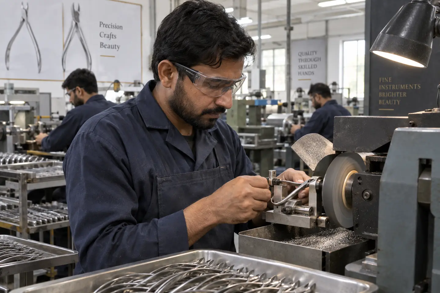 Pakistani craftsman precision grinding a stainless steel beauty instrument