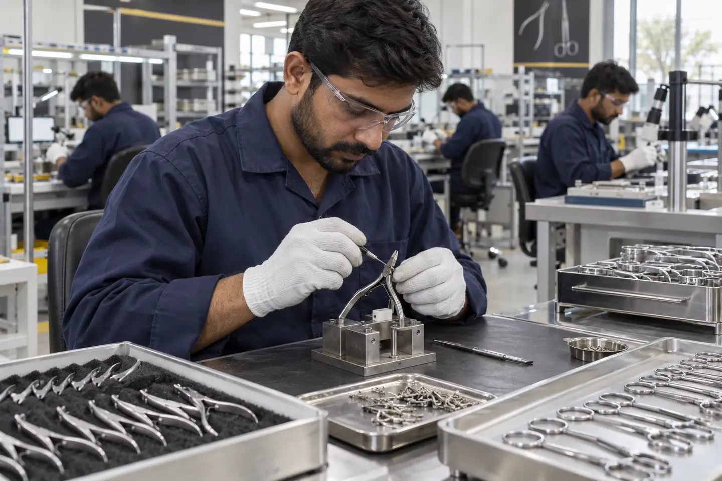 Pakistani assembler aligning and assembling cuticle nippers at a workbench