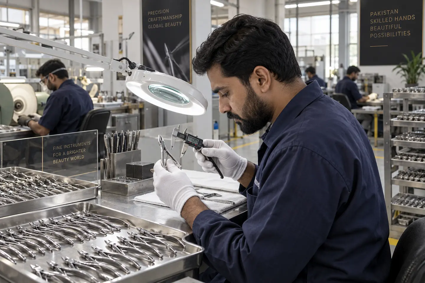 Pakistani quality technician inspecting a finished cuticle nipper