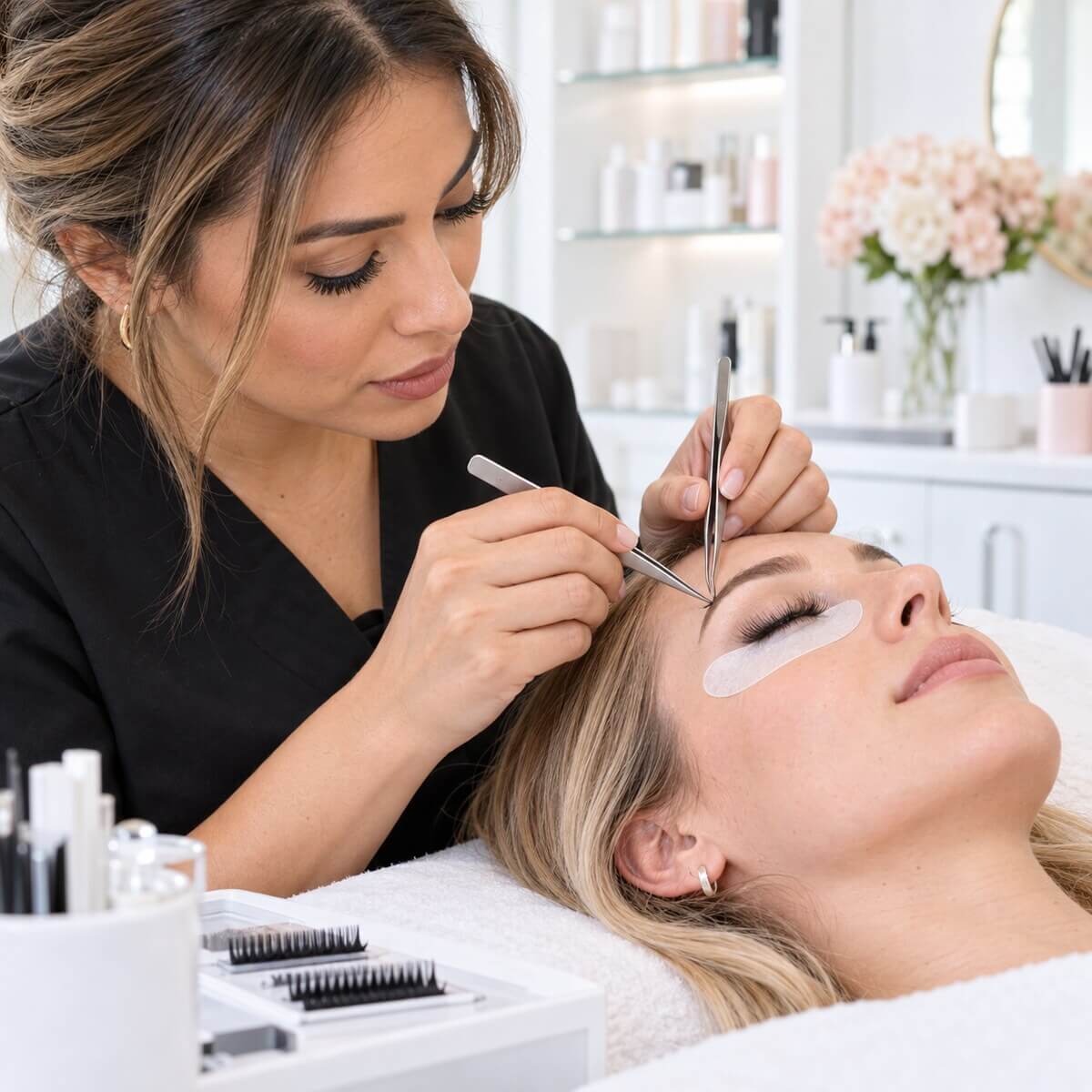 Eyelash Tweezers in professional use